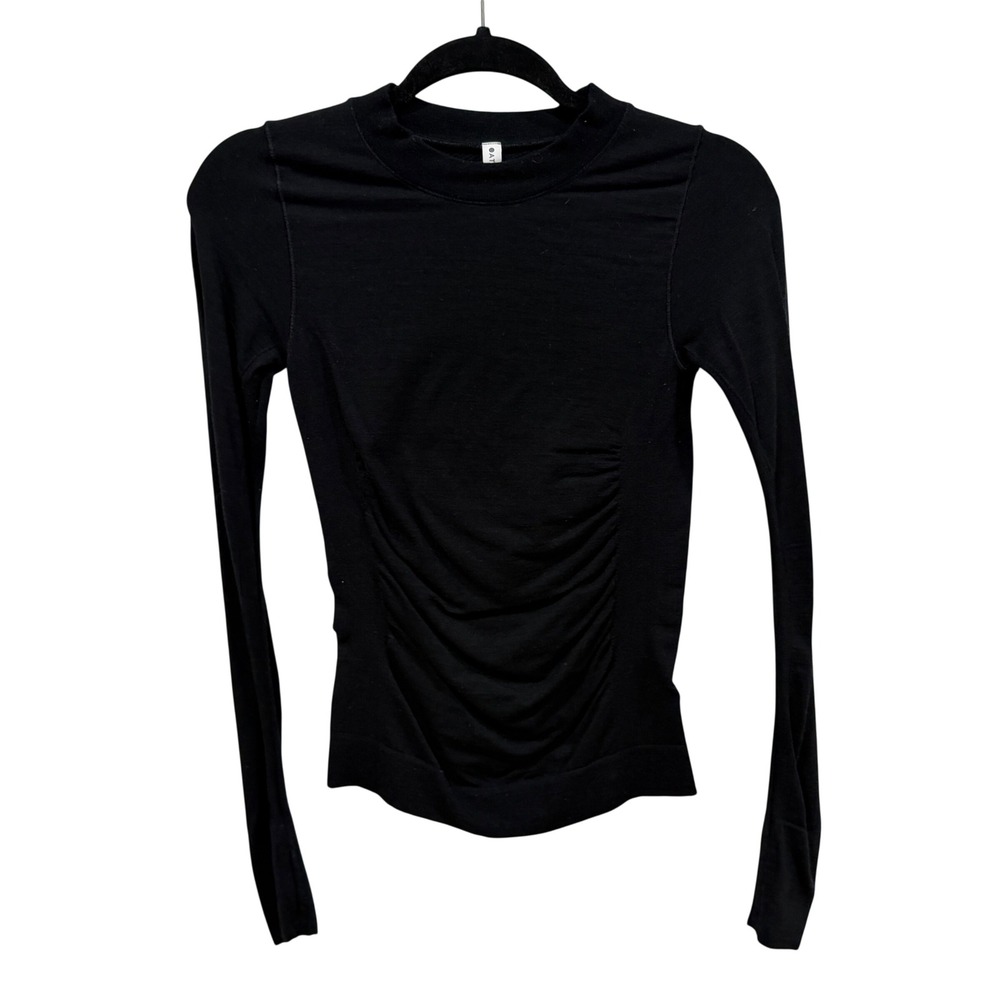 Athleta Ascent Seamless Wool Top Black Ruched Long Sleeve Thumbholes XS 486286